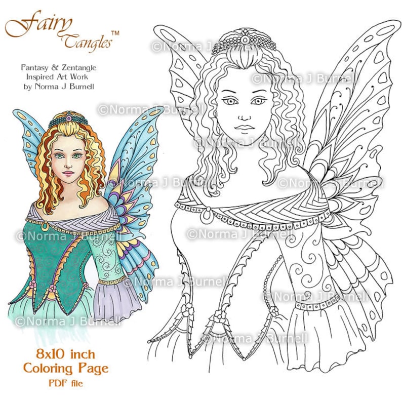 Fairy Queen Fairy Tangles Printable Coloring Pages By Norma J Etsy