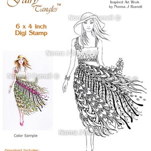 Summer Sundress Fairy Tangles Digi Stamp Fashion Fairies Zentangle Printable Digital Stamps for Card Making and Coloring by Norma Burnell