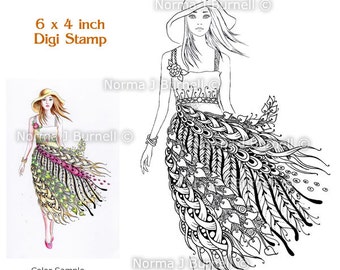 Summer Sundress Fairy Tangles Digi Stamp Fashion Fairies Zentangle Printable Digital Stamps for Card Making and Coloring by Norma Burnell