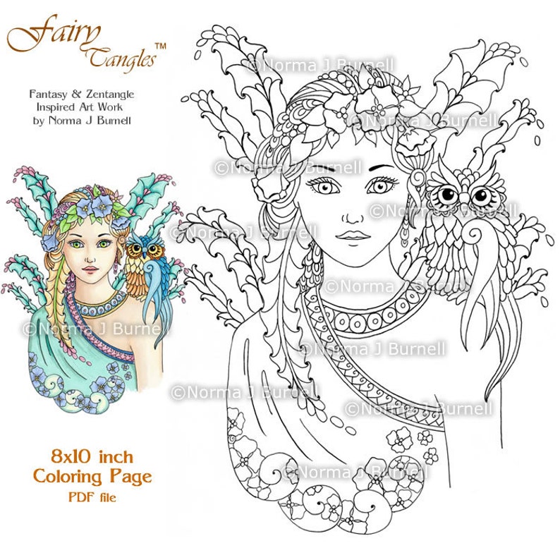 Fairy Tangles Printable Coloring Sheets by Norma J Burnell Fairies to color Fairy Owl Coloring Book Pages Owls to Color Adult coloring pages image 1