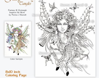 Fairy of the Forest Grayscale Image - Fairy Tangles Printable Adult Coloring Sheets and Pages Fairies Owls Deer by Norma J Burnell