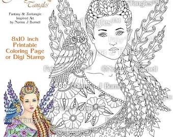 Beauty Owl Fairy Tangles Printable Coloring Book Pages and Sheets Norma J Burnell Fairies Owls Adult Coloring for Grownups Digital Coloring