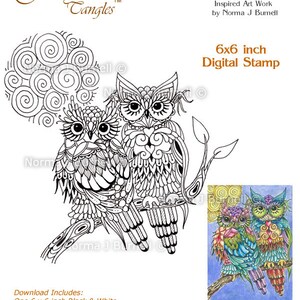 Maan magie - Full Moon uilen fee klitten afdrukbare Digi Stamps Zentangle uilen digitale stempel volwassen kleurplaten en kaart maken van Norma J Burnell