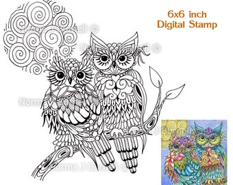 Moon Magic- Full Moon Owls Fairy Tangles Printable Digi Stamps Zentangle Owls Digital Stamp Adult Coloring and Card Making Norma J Burnell