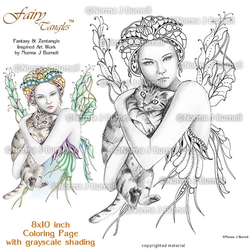 Fairy Tangles Printable Adult Coloring Sheets Norma J Burnell Fairies and Cats to color Fairy Coloring Book Pages Gray Scale images to color image 1