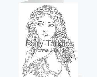 Printable Fairy Tangles Greeting Cards to Color by Norma J Burnell Willow & Wisp Fairy and Owl for Card Making Coloring Fairy Cards