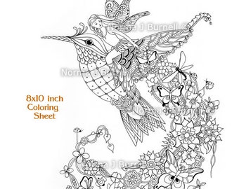 Follow Me Fairy Tangles Printable Coloring Page by Norma J Burnell Fairy Riding Hummingbird Adult Coloring Books fairies and birds to color