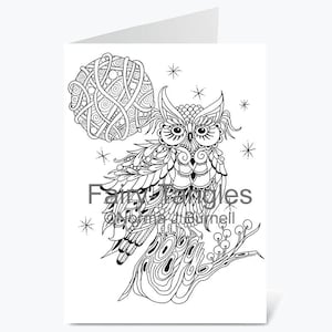 Afdrukbare Fairy Tangles wenskaarten om in te kleuren door Norma J Burnell 5x7 uil wenskaart voor het maken van kaarten en volwassen kleuren uilen om in te kleuren