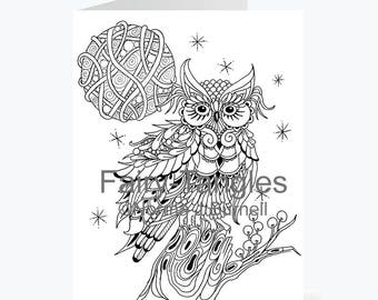 Printable Fairy Tangles Greeting Cards to Color by Norma J Burnell 5x7 Owl Greeting Card for Card Making & Adult Coloring Owls to color