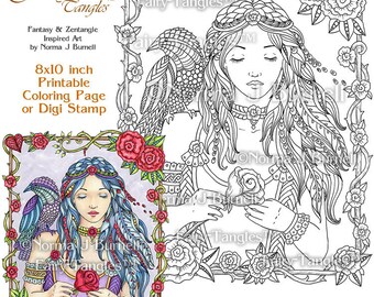 Rose - Fairy Tangles Printable Coloring Book Pages Norma J Burnell Digital Coloring Sheets for Adults Fairies Adult Goth Coloring Sheets