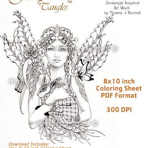 Forest Fairy Guardian Owl & Bunny grayscale Fairy Tangles Printable Coloring Sheet and Pages Norma J Burnell Adult Coloring Digital coloring