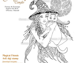 Magical Friends Fairy Tangles Digi Stamp Halloween Witches to Color Fairies Zentangle Stamps Digital Download Witches Owls crafting cards