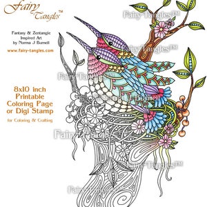 Nestlings Time to Fly Fairy Tangles Printable Coloring Pages and Sheets by Norma Burnell Zentangle Hummingbirds for Digital & Adult Coloring