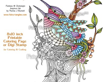 Nestlings Time to Fly Fairy Tangles Printable Coloring Pages and Sheets by Norma Burnell Zentangle Hummingbirds for Digital & Adult Coloring