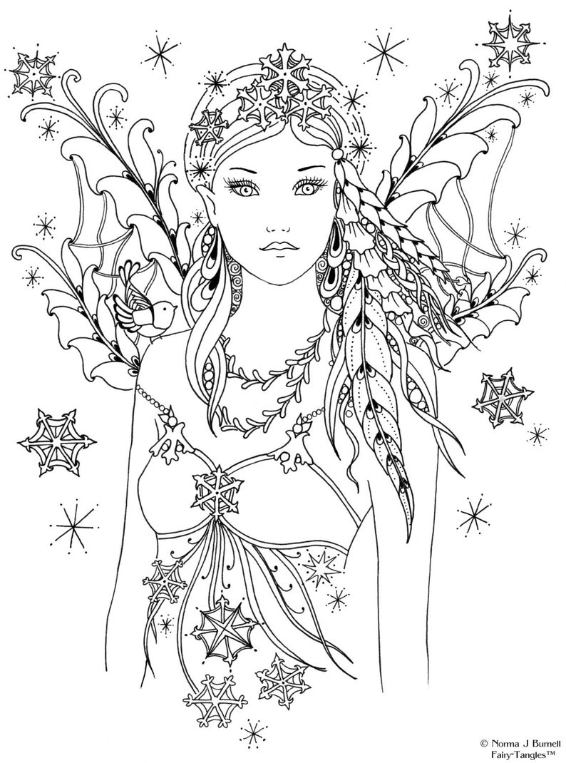 Snowbird Fairy Tangles Printable 4x6 inch Digi Stamp Fairies Stamps Instant Download Snow Fairy for Card Making & Coloring by Norma Burnell image 1