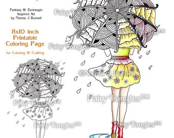 Umbrella Fashion Fairy Tangles Printable Coloring book Sheets & Pages Norma J Burnell - Adult Coloring for Grownups Digital coloring files