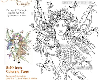 Forest Fairy Deer & Owl Fairy Tangles Adult Printable Coloring Sheets Norma J Burnell Coloring book page Fairies to Color Digital Coloring