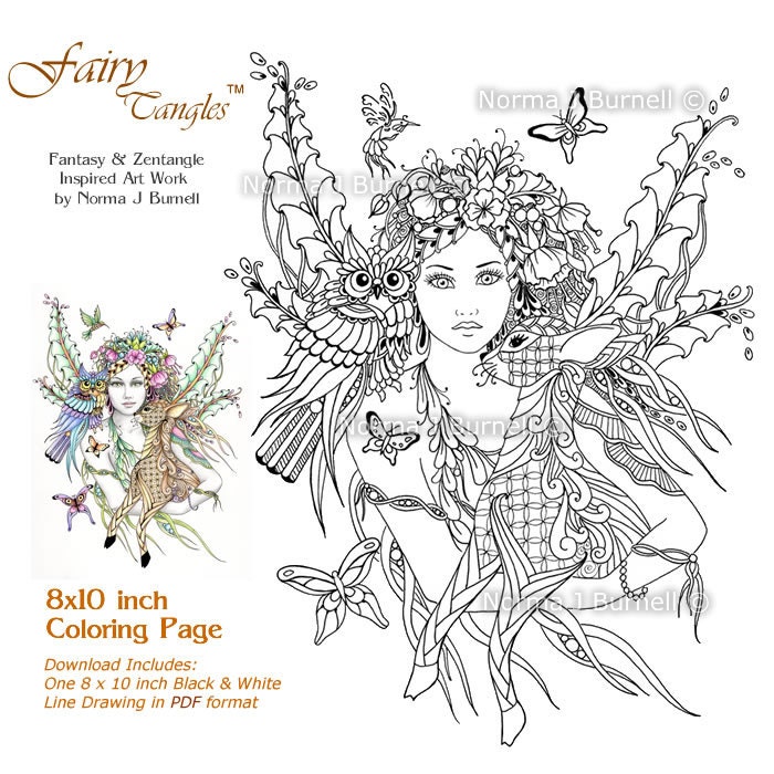 Forest Fairy Deer & Owl Fairy Tangles Adult Printable Coloring Sheets Norma J Burnell Coloring b