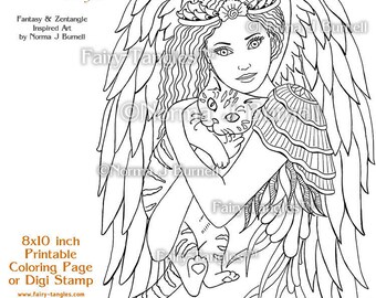 I'll Keep You Safe Fairy Tangles Printable Coloring Pages by Norma J Burnell Digital Coloring Book Sheets Fairy Cat to Color Adult Coloring