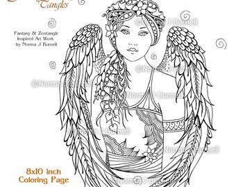 Angel Fairy Tangles Pages de coloriage imprimables pour adultes par Norma Burnell Feuilles de coloriage numériques Anges à colorier pour adultes