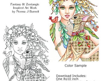 Holly & Mistletoe Christmas Fairy Tangles Coloring Sheets Fairies Deer Coloring Page Fairies to color by Norma J Burnell Printable pages