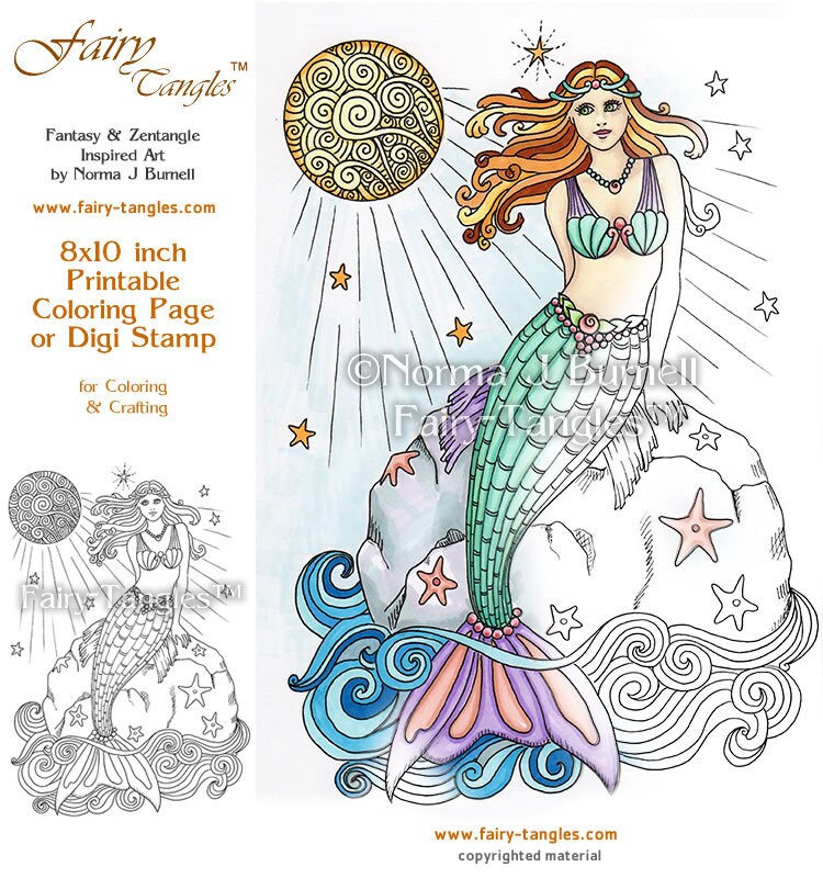 Full Moon Swimming Mermaid Fairy Tangles Printable Coloring Etsy