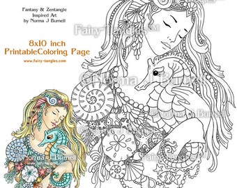 Deep Love Mermaid Seahorse Fairy Tangles Printable Coloring books Sheets Pages Norma Burnell Mermaids Digital Adult Coloring for Grownups