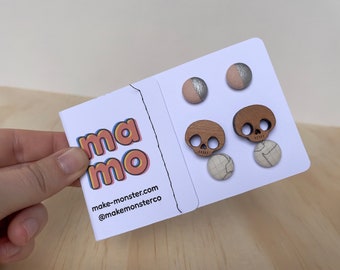 Skulls /Pink / Grid Earring Set - Set of 3 stud button earrings, fabric and wood