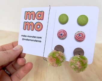 Button and PomPom Stud Earrings Set - Pink & Green, Stainless Steel