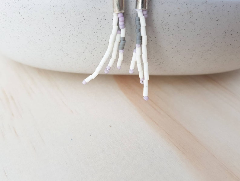 Beaded tassel dangle stud earrings / natural walnut wood base / neutral matte glass seed beads purple cream and grey image 2