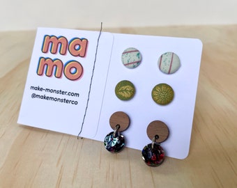 Stud & Dangle Earring Set – Fabric Buttons, Glitter Skulls