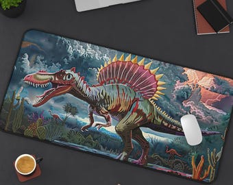 Alfombrilla de escritorio de Spinosaurus: alfombrilla de ratón para juegos con diseño de dinosaurio estilo museo, ideal como regalo de decoración de oficina para hombres.