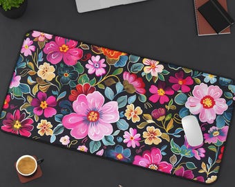 Midnight Floral Desk Mat – Blooming Gaming Mousepad, Cottagecore Office Decor Gift