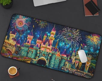 Alfombrilla de escritorio con fuegos artificiales de castillo de fantasía, alfombrilla de ratón mágica y personalizada para juegos, decoración de oficina con un horizonte colorido, regalo