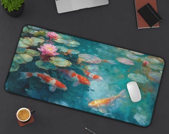 Alfombrilla de escritorio con diseño de estanque de carpas koi, alfombrilla de ratón para juegos con acuarela de Monet, regalo de decoración de jardín japonés.