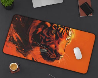 Alfombrilla de escritorio con diseño de tigre ardiente: alfombrilla de ratón para juegos con fauna naranja llamativa, decoración de oficina personalizada