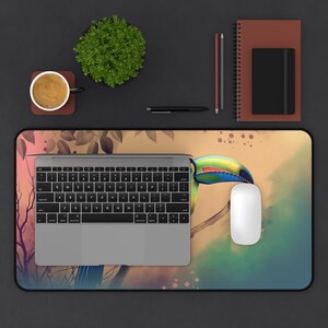 Alfombrilla de escritorio con diseño de tucán de acuarela, alfombrilla de ratón grande con diseño de pájaro tropical, regalo de decoración de oficina imagen 5