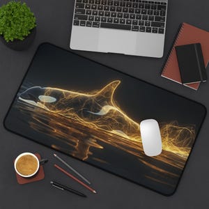 May include: Black rectangular mousepad featuring a stylized orca design with gold and white accents. The orca is depicted swimming in water. A white mouse, laptop, and office supplies are visible.