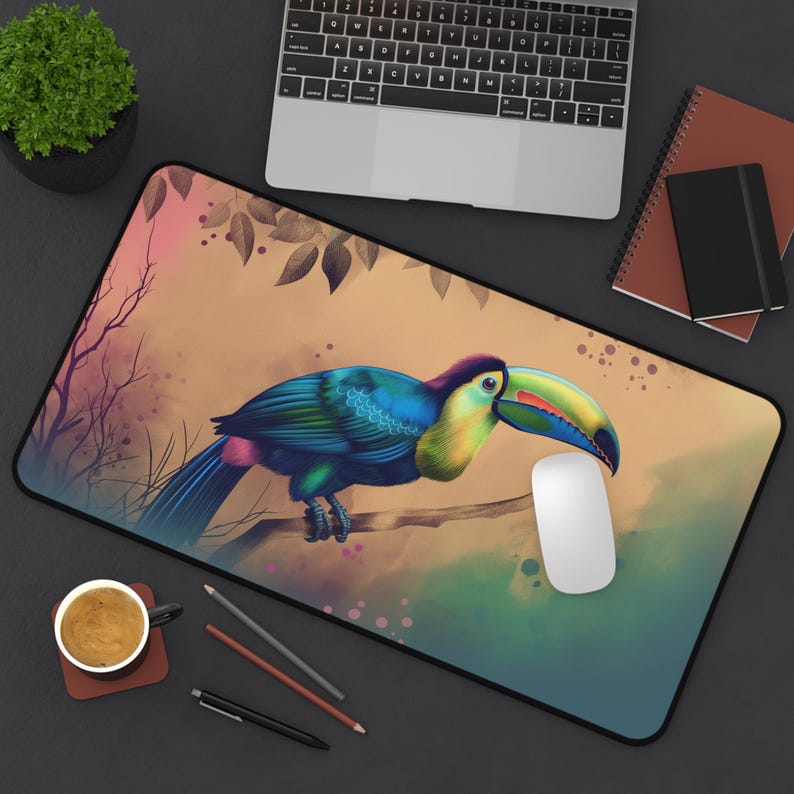 Alfombrilla de escritorio con diseño de tucán de acuarela, alfombrilla de ratón grande con diseño de pájaro tropical, regalo de decoración de oficina imagen 4