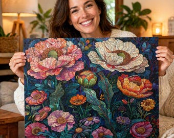 May include: A colorful floral jigsaw puzzle featuring large, stylized flowers in shades of pink, orange, and white against a dark blue background. The puzzle includes various flower types and green foliage, creating a vibrant and detailed design.