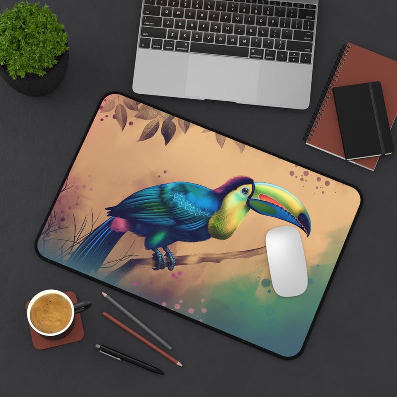 Alfombrilla de escritorio con diseño de tucán de acuarela, alfombrilla de ratón grande con diseño de pájaro tropical, regalo de decoración de oficina imagen 7