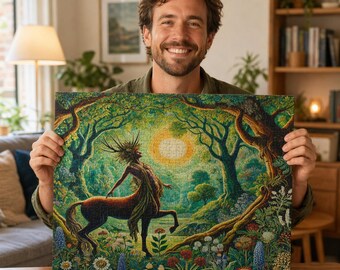 Może przedstawiać: Kolorowa układanka przedstawiająca centaura w leśnej scenerii z jasnym słońcem. Puzzle mają szczegółową ilustrację z drzewami, kwiatami i mitycznym stworzeniem. Puzzle trzymane są przez osobę.
