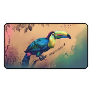 Alfombrilla de escritorio con diseño de tucán de acuarela, alfombrilla de ratón grande con diseño de pájaro tropical, regalo de decoración de oficina imagen 6