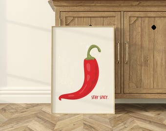 May include: A red chili pepper with a green stem on a white background with the text "Stay Spicy."