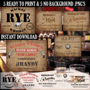 5 Prohibition Party Bootlegger Labels, Speakeasy, Gatsby Props, Roaring 20s - Rye Whiskey, Old Ale, Brandy, Rum Crate label, Printable Props