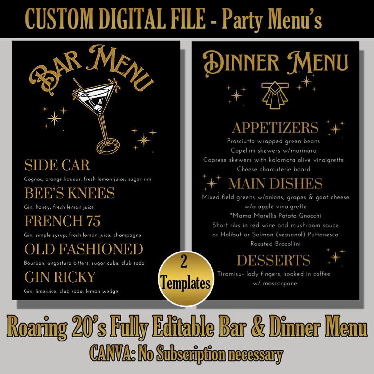 Roaring 20s Bar & Dinner Menu Template - Gatsby, Speakeasy (CANVA ...