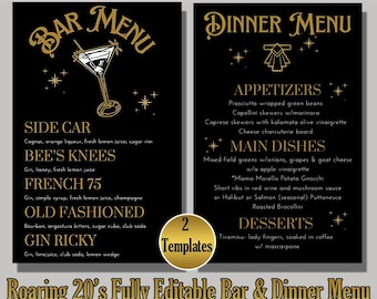 Roaring 20s Bar & Dinner Menu Template - Gatsby, Speakeasy (CANVA Digital Download)
