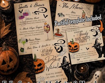 Halloween Witches Night Customizable Invite, Partiful Template, Bar & Dinner Menu's (CANVA Digital Product)