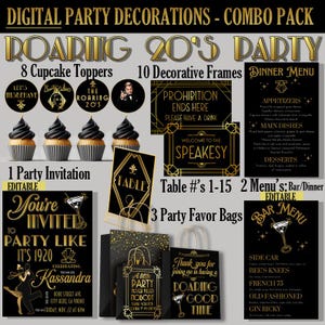 DIY Goldene 20er Jahre Party Deko Bündel - Gatsby, Theater, Prohibition | Cake Toppers, Einladungen, Favor Bags, Menüs, Rahmen, Tischnummern