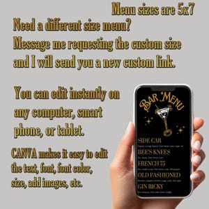 May include: A digital mockup of a bar menu on a smartphone screen. The menu is black with gold text and stars. The text on the menu includes "Bar Menu", "Side Car", "Bee's Knees", "French 75", "Old Fashioned", and "Gin Ricky".